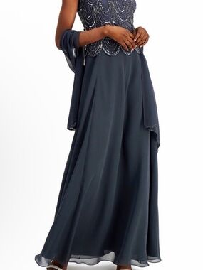 Beaded Bodice grey Chiffon Evening Gown